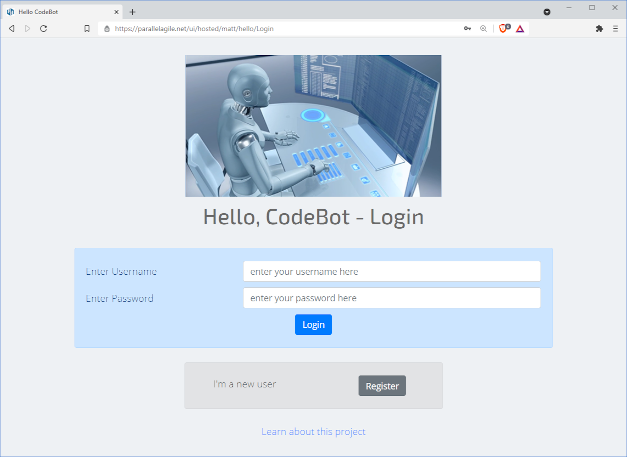 Hello CodeBot login page