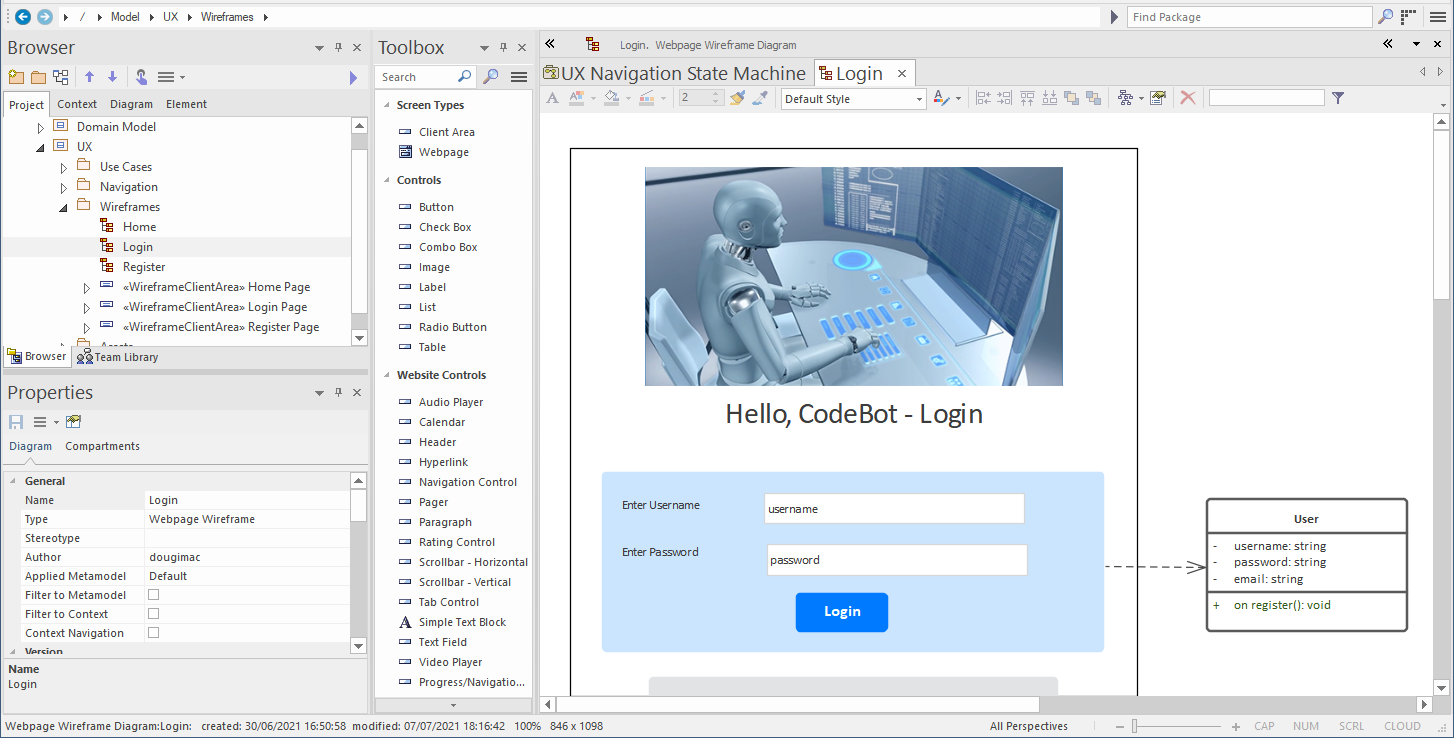 Login wireframe drawn in Enterprise Architect